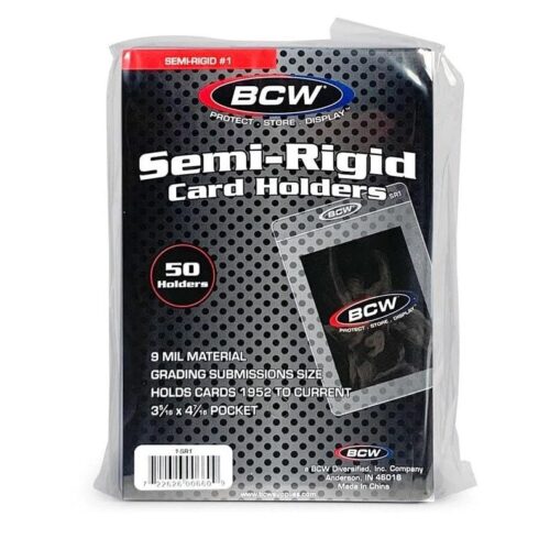 1-sr1-main Product image of the BCW Semi-Rigid Card Holder #1 pack containing 50 semi-rigid trading card holders for graded card submissions.