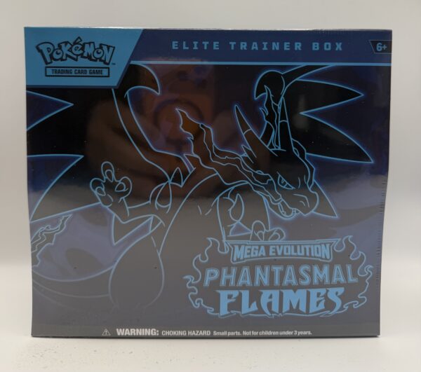 Front view of the Pokémon Mega Evolution Phantasmal Flames Elite Trainer Box sealed in shrink wrap.