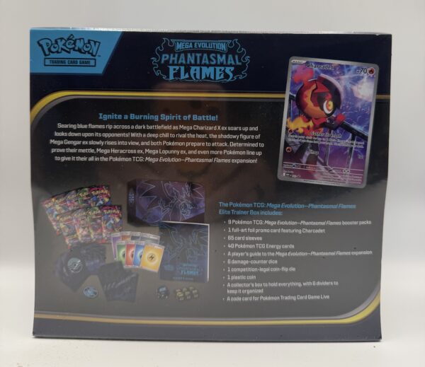 Back view of the Pokémon Mega Evolution Phantasmal Flames Elite Trainer Box showing contents and included promo card.