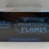 Top view of the Pokémon Mega Evolution Phantasmal Flames Elite Trainer Box showing the logo and shrink wrap.