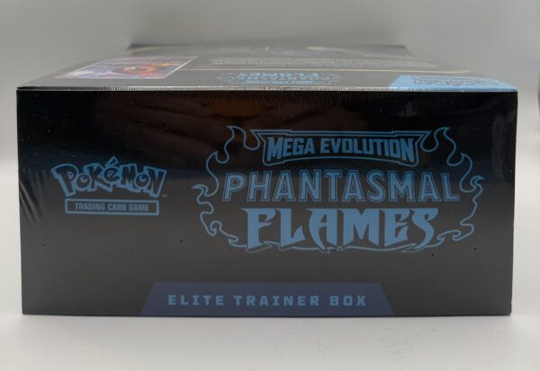 Top view of the Pokémon Mega Evolution Phantasmal Flames Elite Trainer Box showing the logo and shrink wrap.
