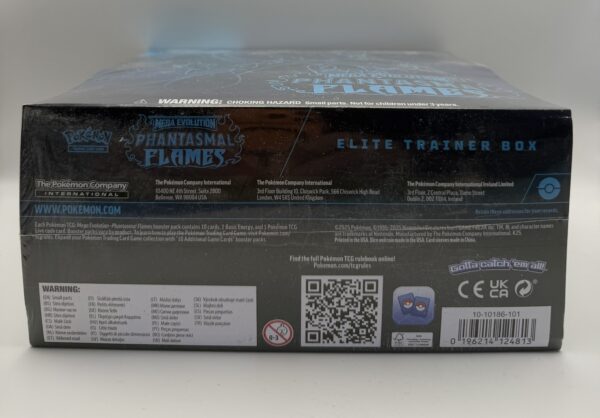 Bottom of the Pokémon Mega Evolution Phantasmal Flames Elite Trainer Box showing barcode, UPC 0196214124813, and SKU 10-10186-101.