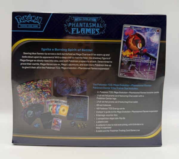 Back of Pokémon Center Phantasmal Flames Elite Trainer Box showing exclusive contents
