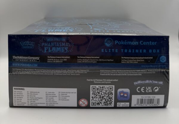 Bottom of Pokémon Center Phantasmal Flames Elite Trainer Box with barcode and MPN