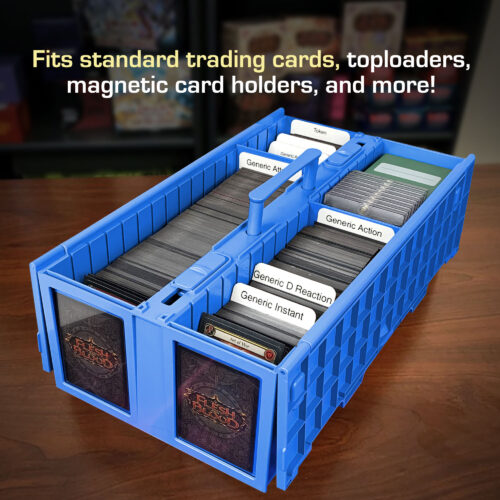 BCW 1600 Card Bin Blue open filled with toploaders magnetics and trading cards