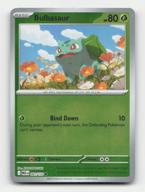 ME01 MEG 001-132 Bulbasaur Reverse Holo Front Bulbasaur 001/132 Reverse Holo Common Pokémon card